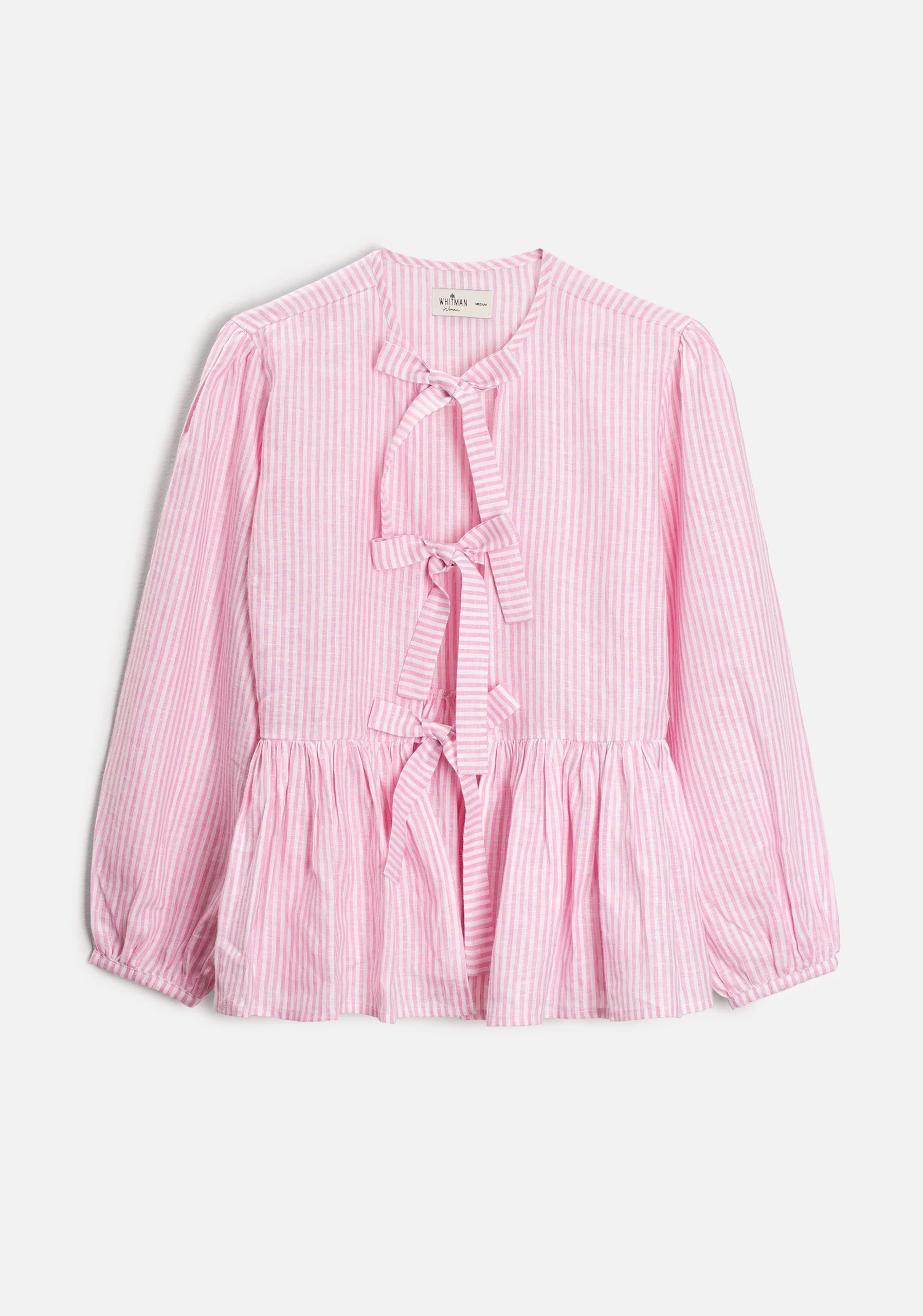 Linen Blouse Gia Medium Pink Stripes - White