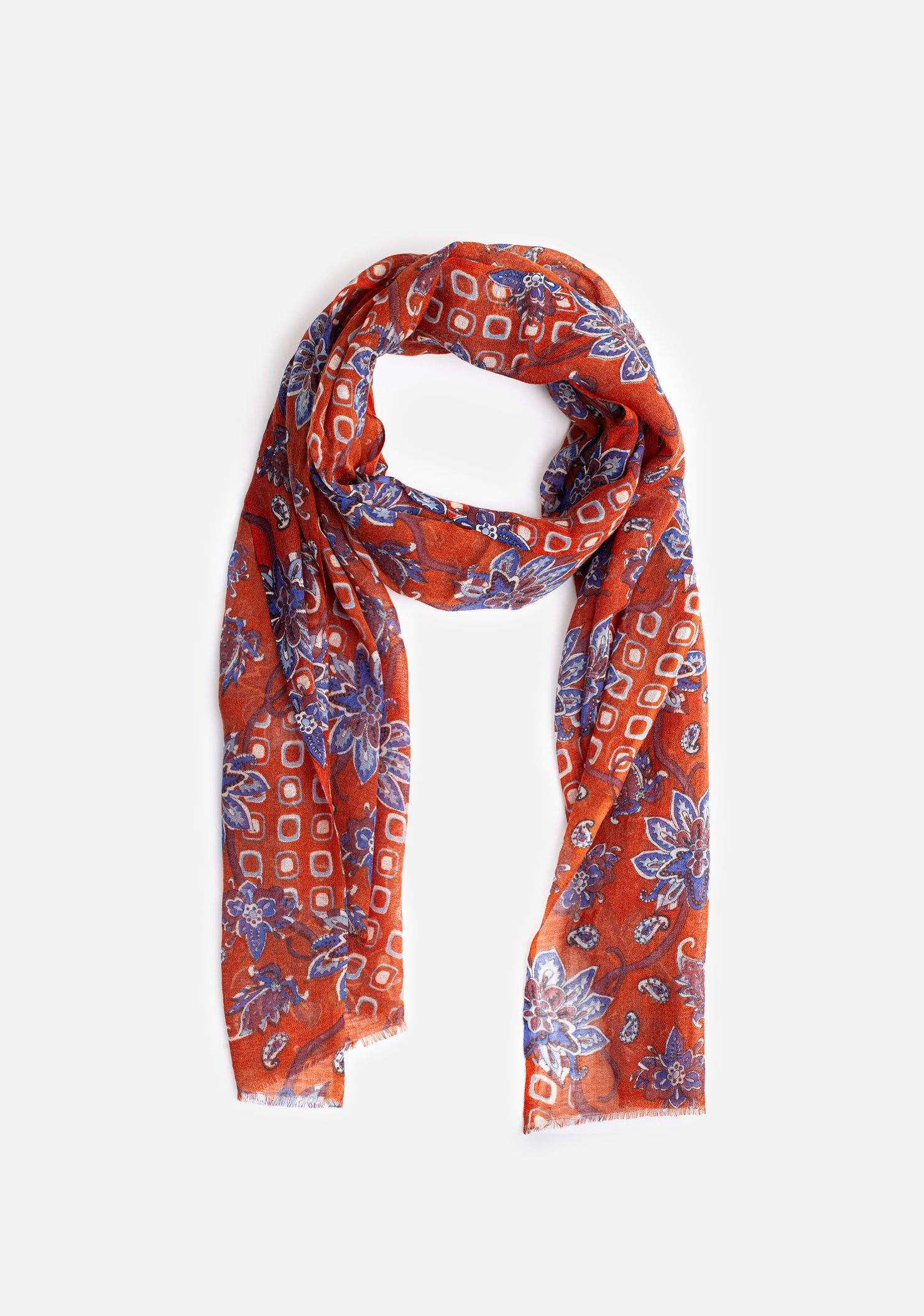 Chennai Scarf Terracotta - Blue flowers