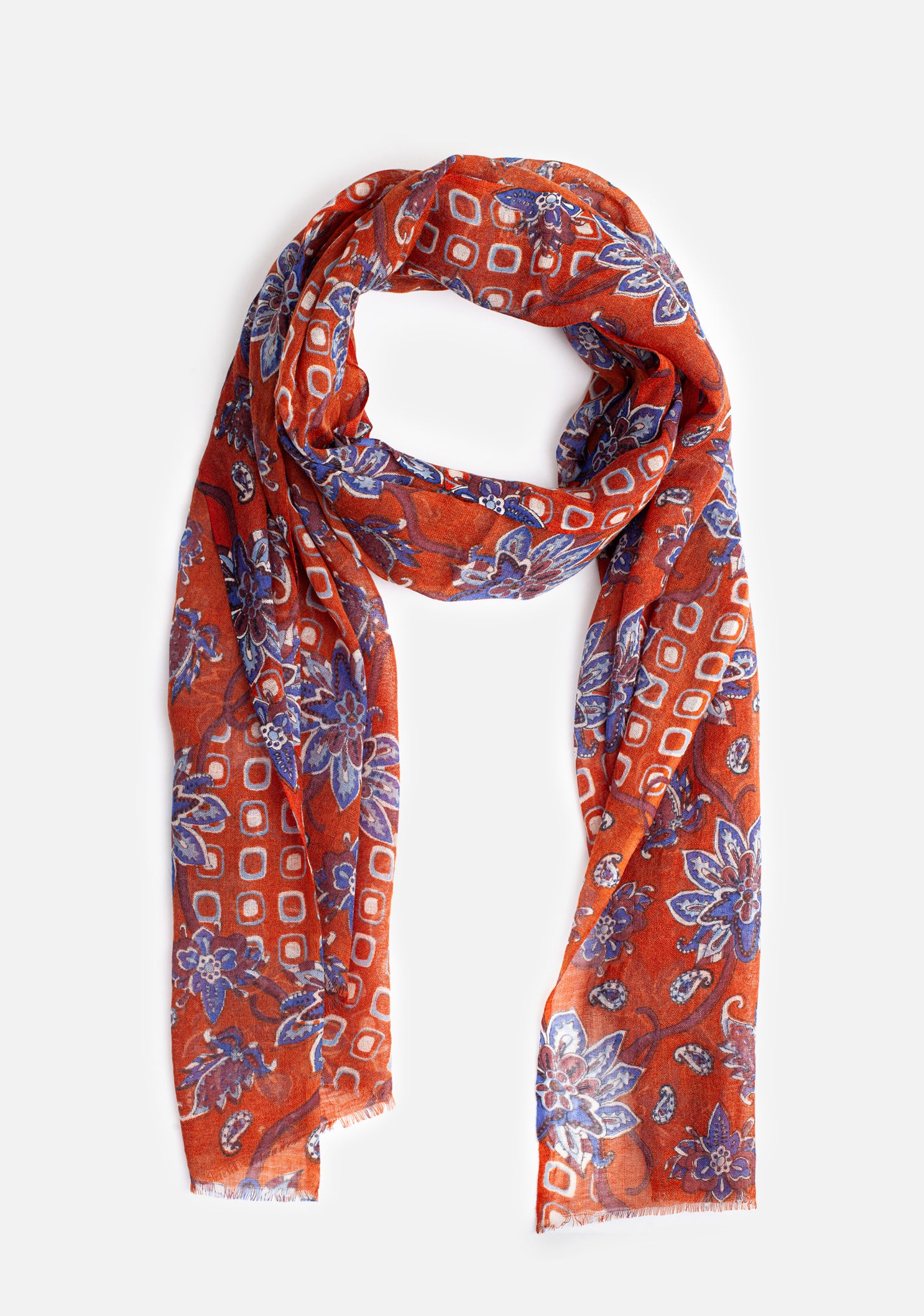 Chennai Scarf Terracotta - Blue flowers