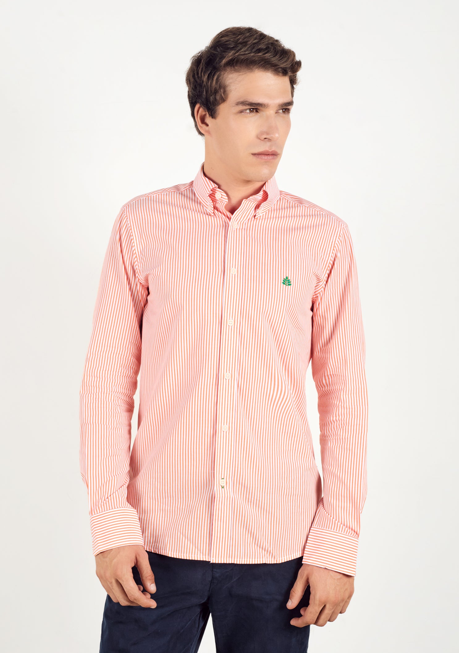 Orange - White Striped Shirt with Half Tights Button Down Collar L-Green
