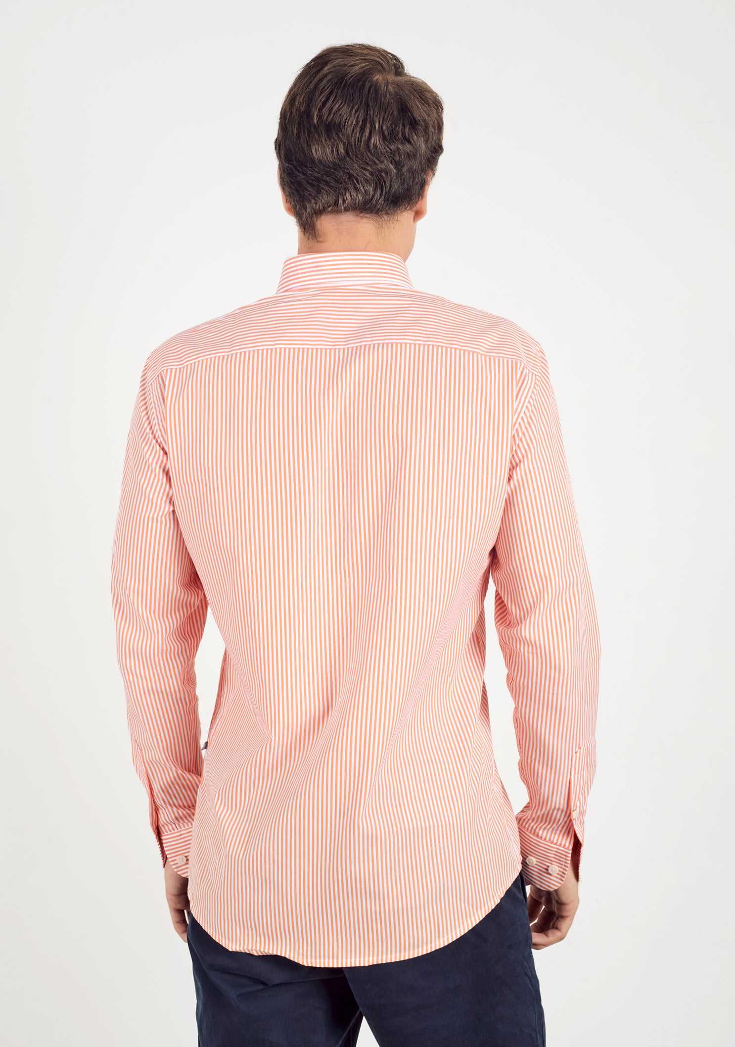 Orange - White Striped Shirt with Half Tights Button Down Collar L-Green