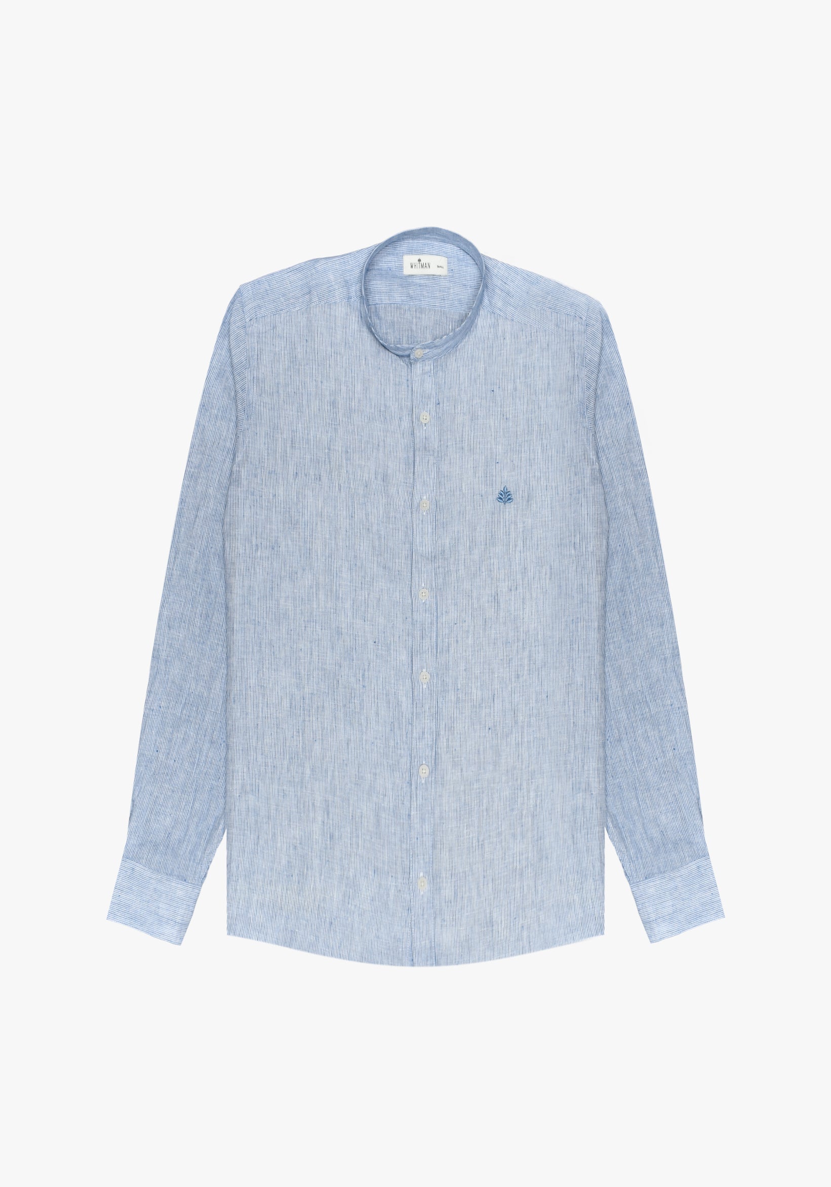 Linen Shirt with Neru Collar Thin Blue Lines