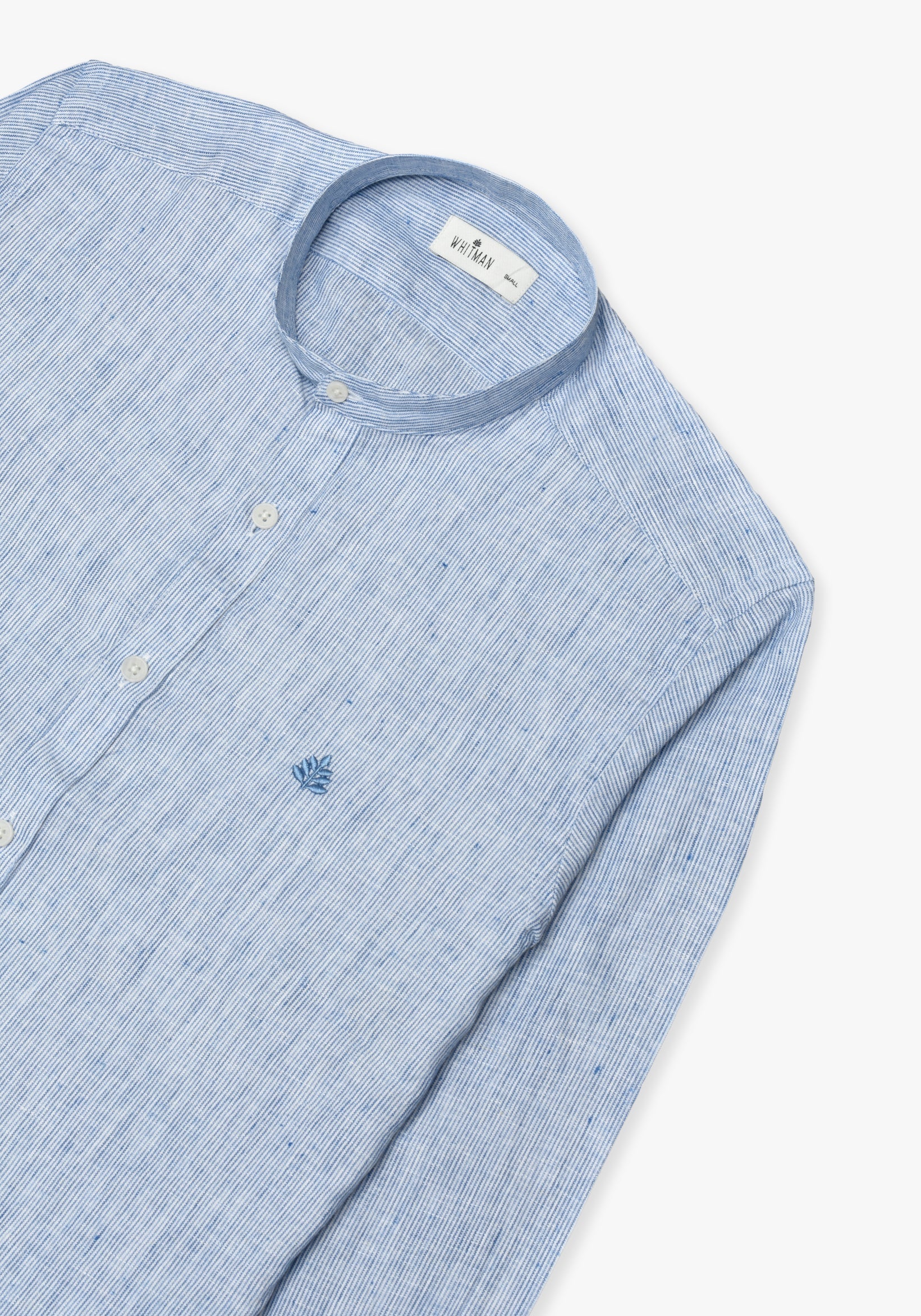 Linen Shirt with Neru Collar Thin Blue Lines