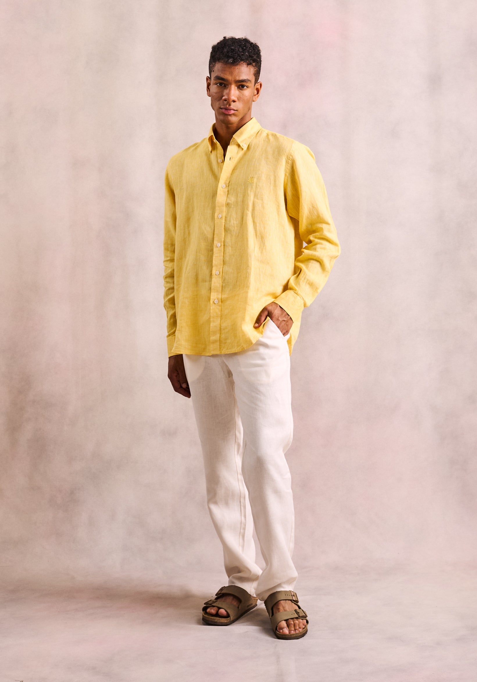 Linen Button Down Collar Linen Shirt Yellow L-Atn