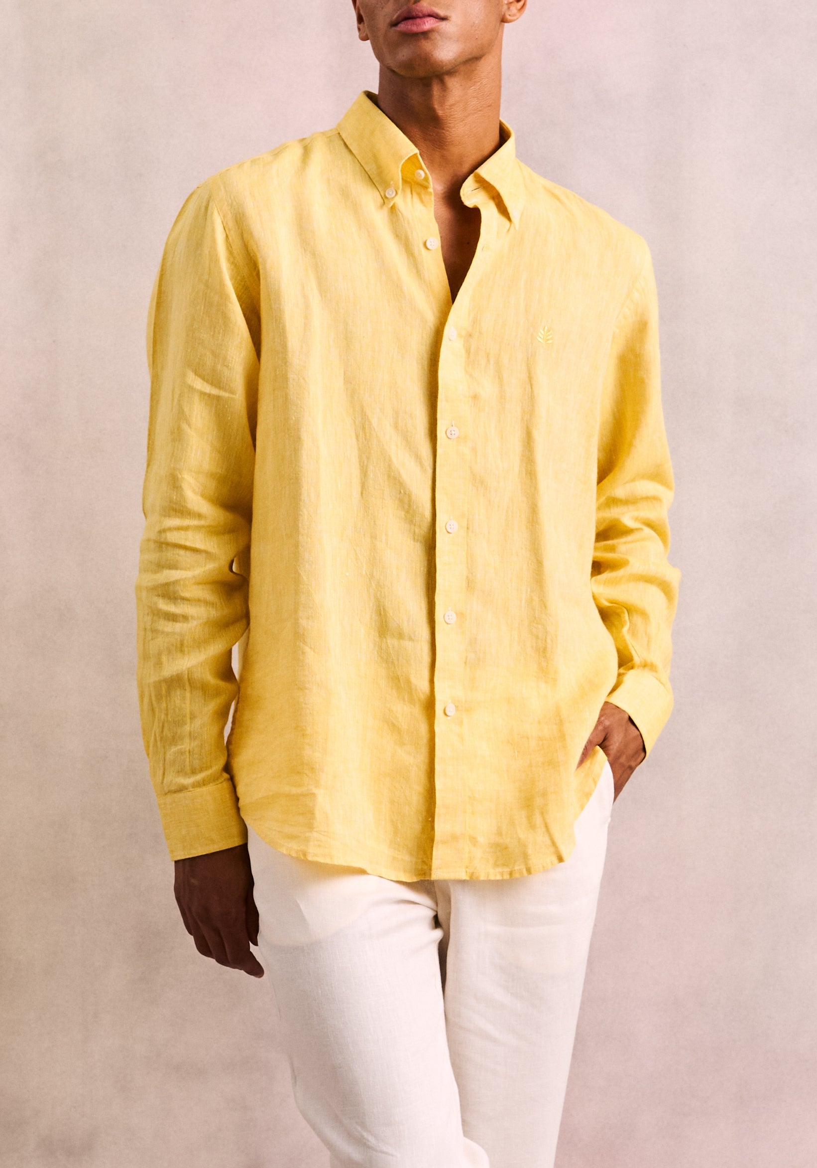 Linen Button Down Collar Linen Shirt Yellow L-Atn