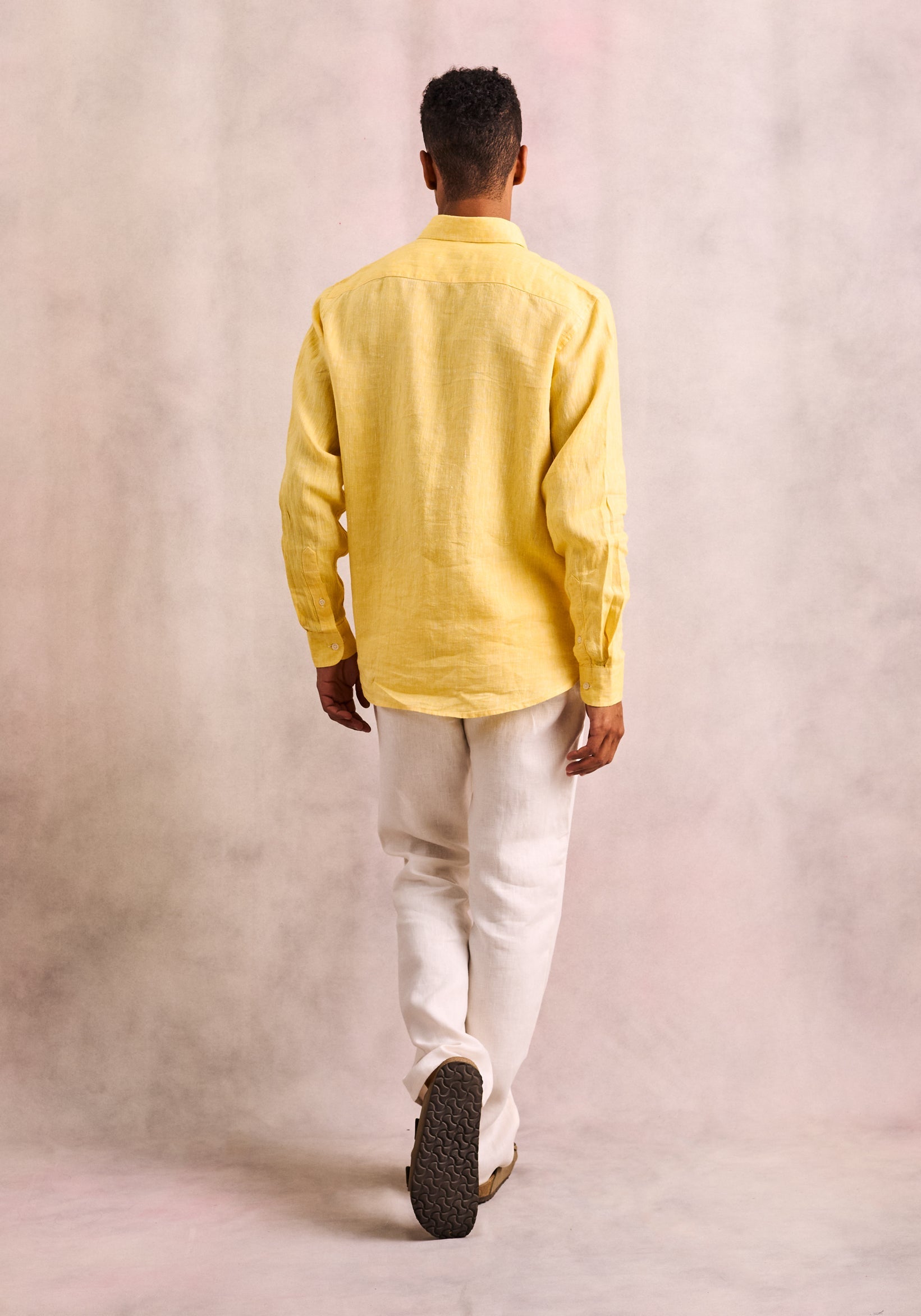 Linen Button Down Collar Linen Shirt Yellow L-Atn