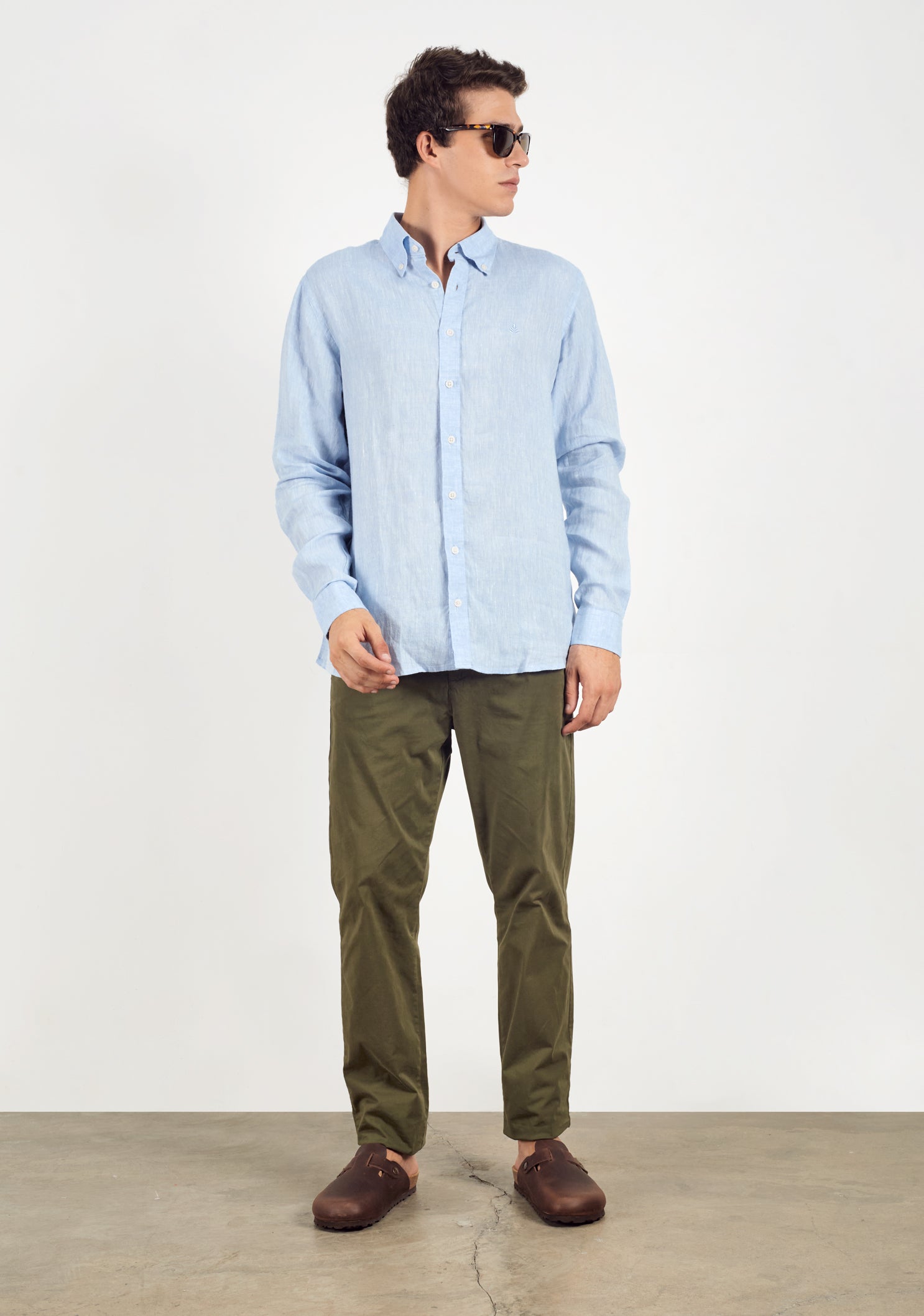 Linen Shirt Collar Button Down Collar Light Blue L-Atn