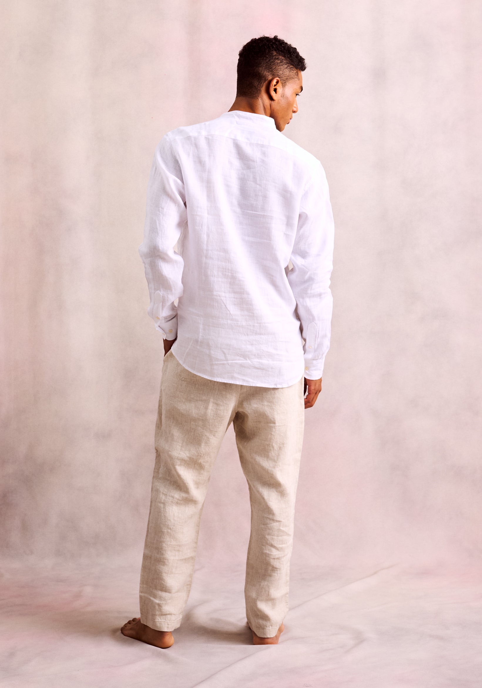 Linen Shirt Band Collar Three Buttons White