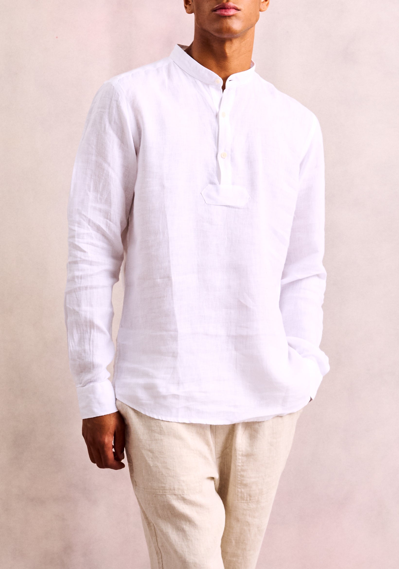 Linen Shirt Band Collar Three Buttons White