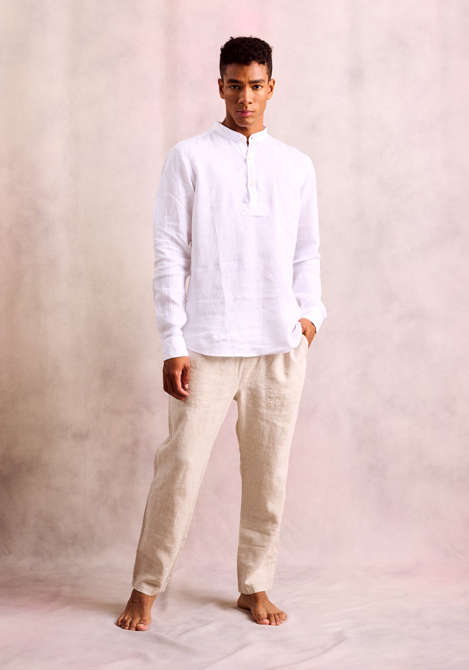 Linen Shirt Band Collar Three Buttons White