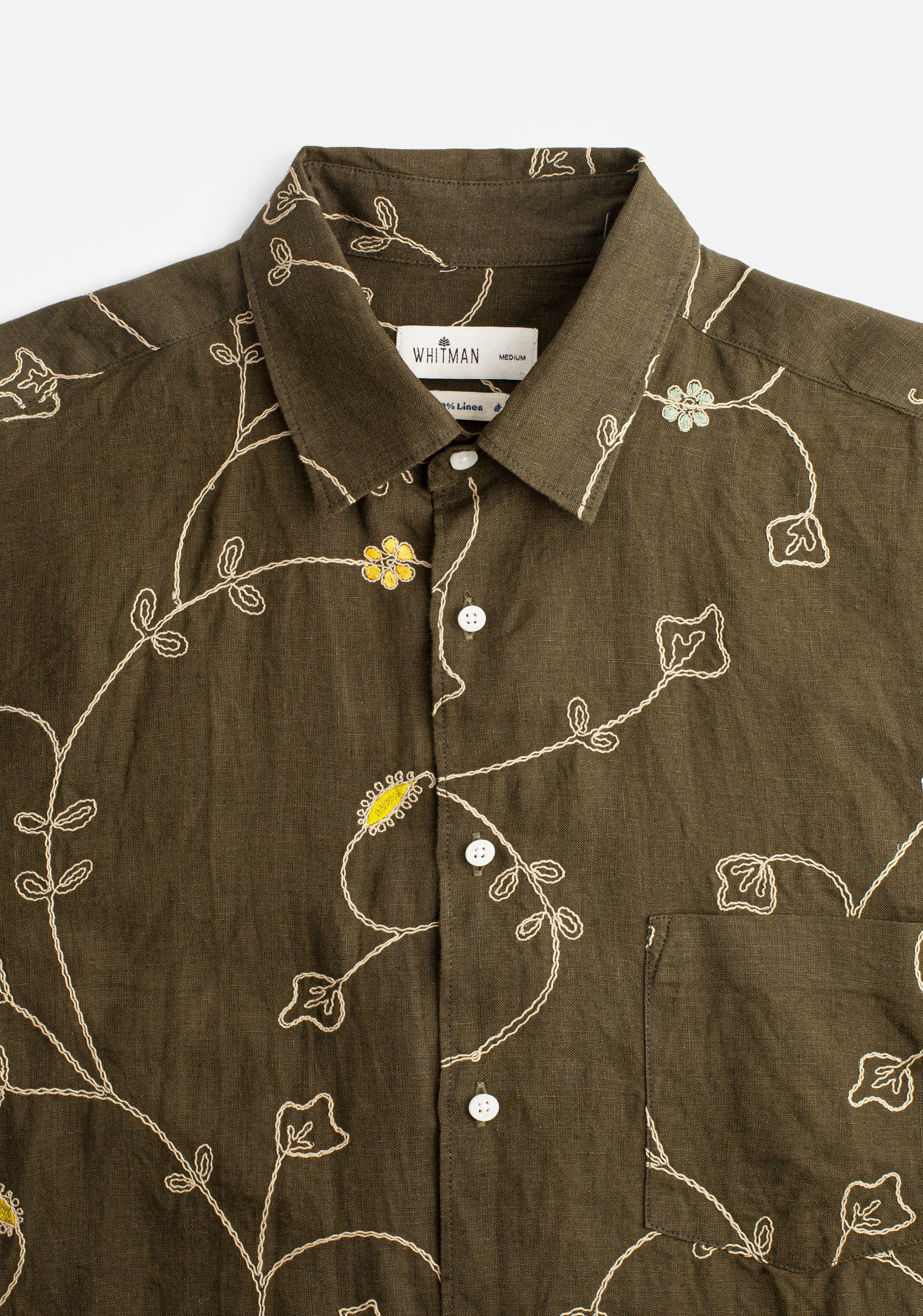 Linen Shirt Harlem Embroidered Green Olive
