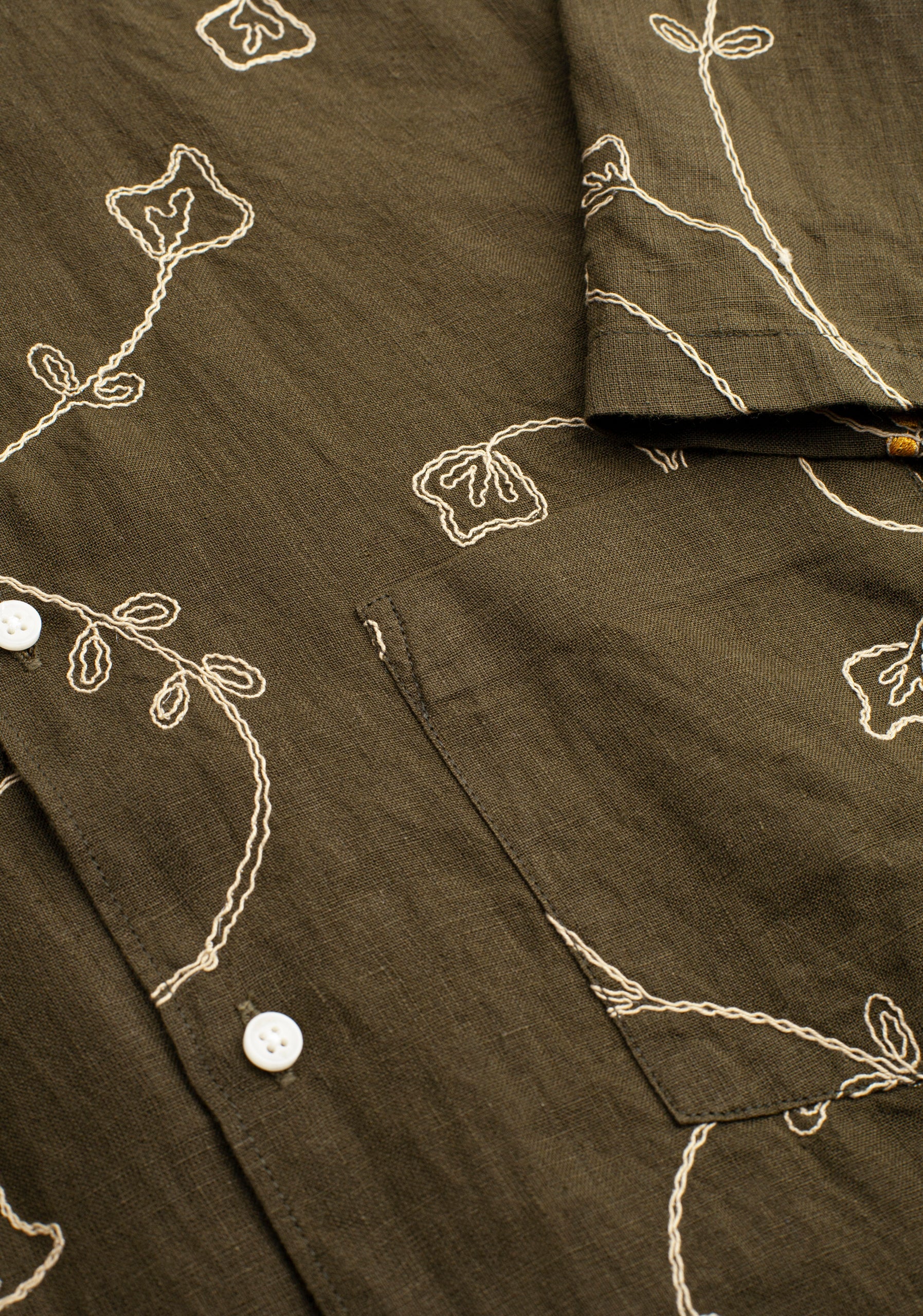 Linen Shirt Harlem Embroidered Green Olive