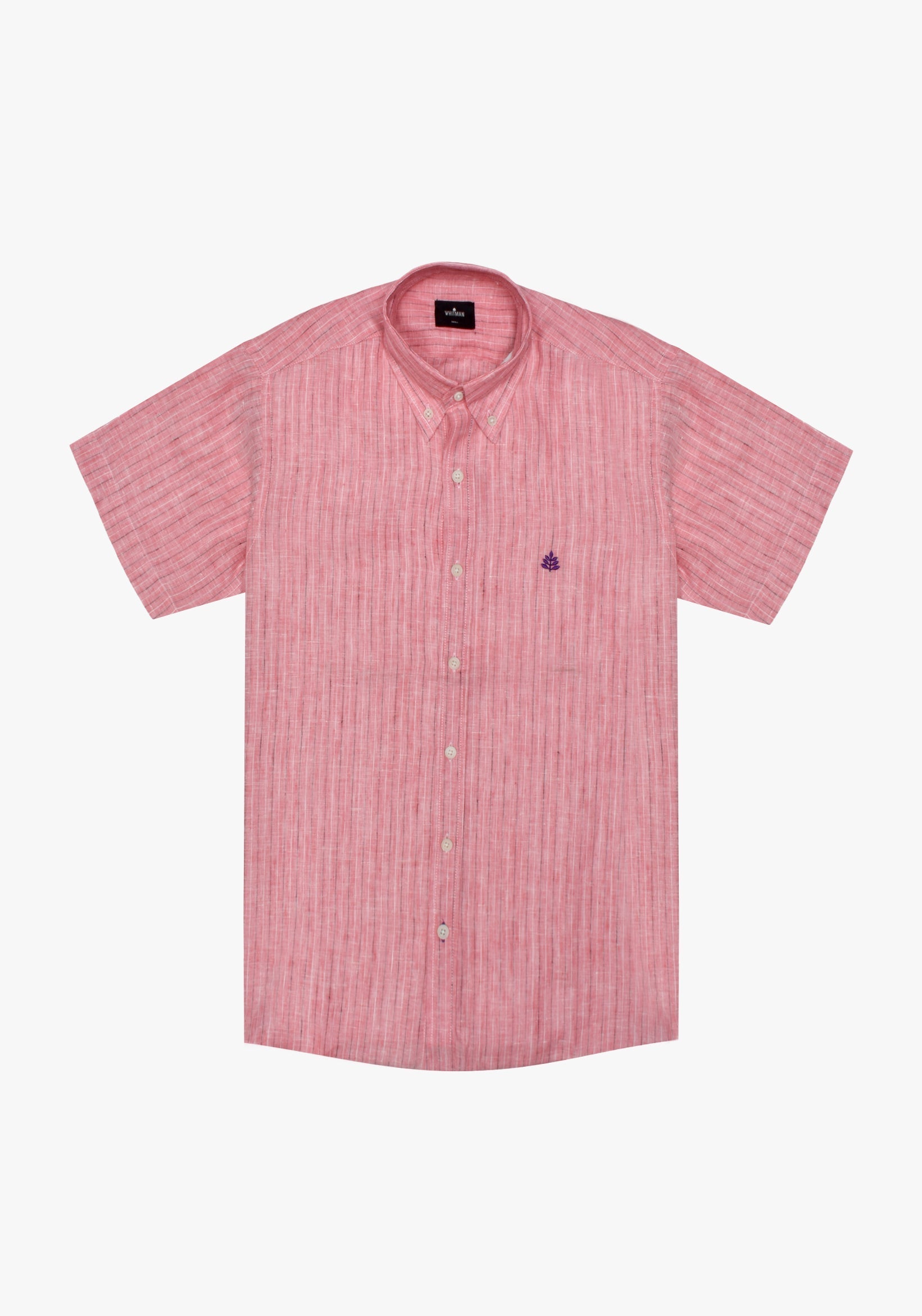 Short Sleeve Linen Shirt - Button Down Collar Salmon Black Lines