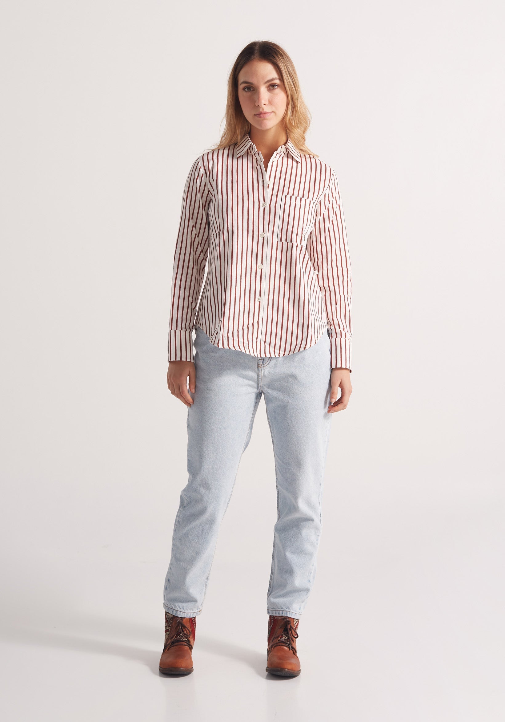 Classic Blouse with Wine Lines Pockets