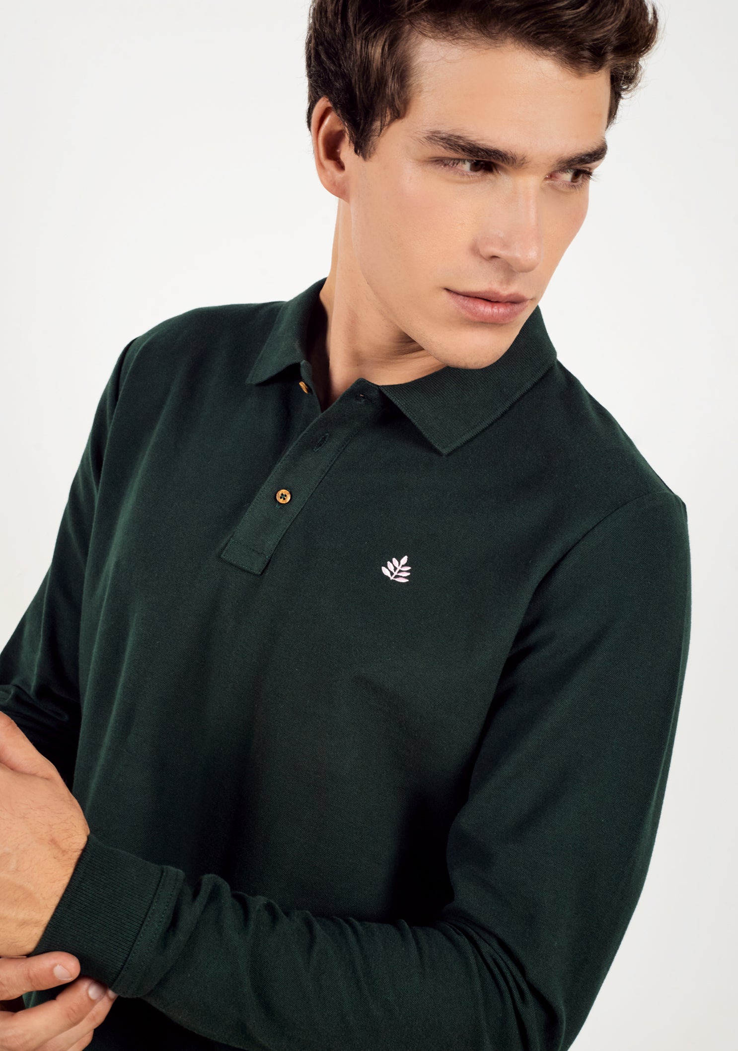 Long Sleeve Dark Green Polo Shirt L-Pink