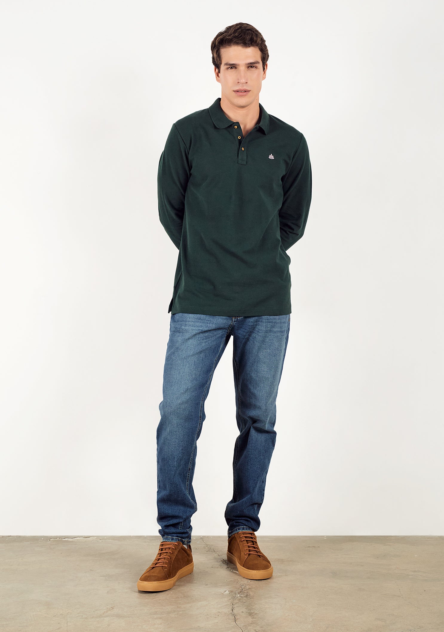 Long Sleeve Dark Green Polo Shirt L-Pink