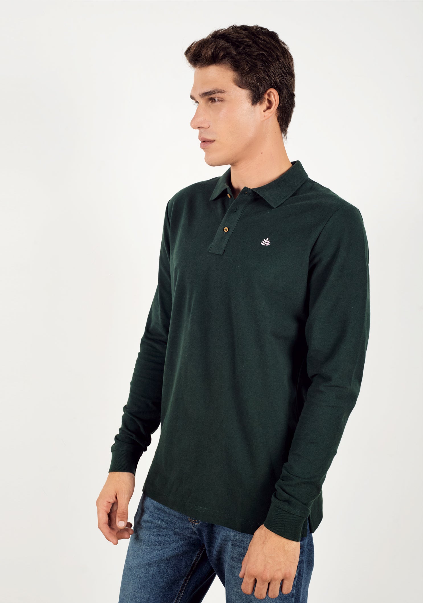 Long Sleeve Dark Green Polo Shirt L-Pink