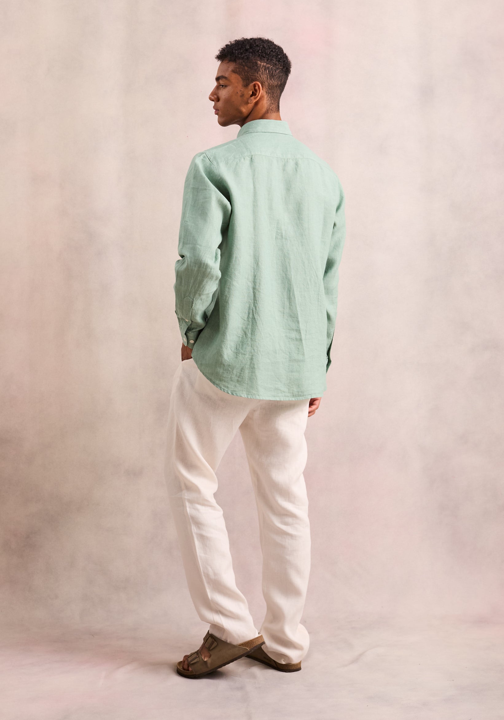 Linen Shirt French Collar Medium Green L-Blan