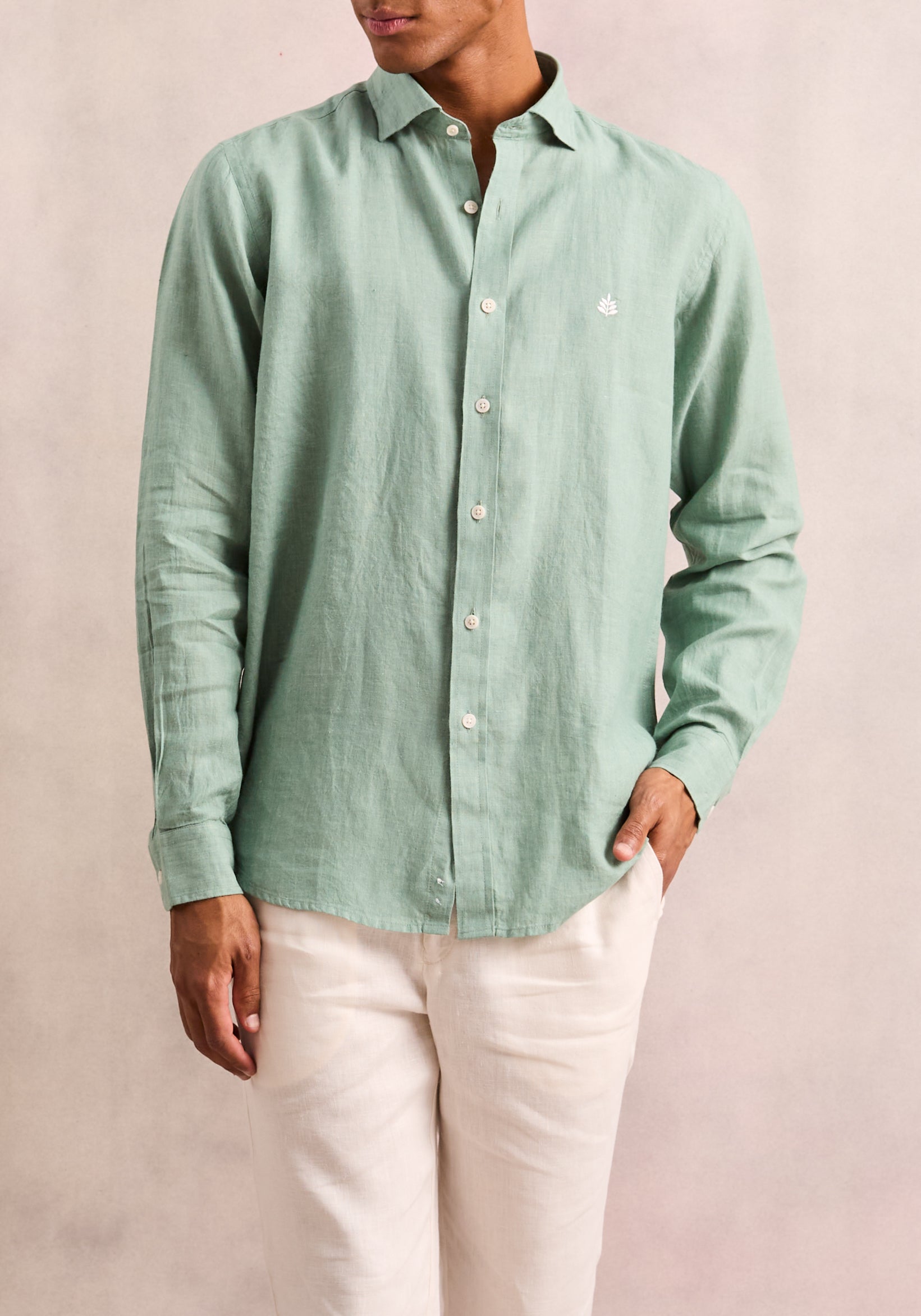 Linen Shirt French Collar Medium Green L-Blan