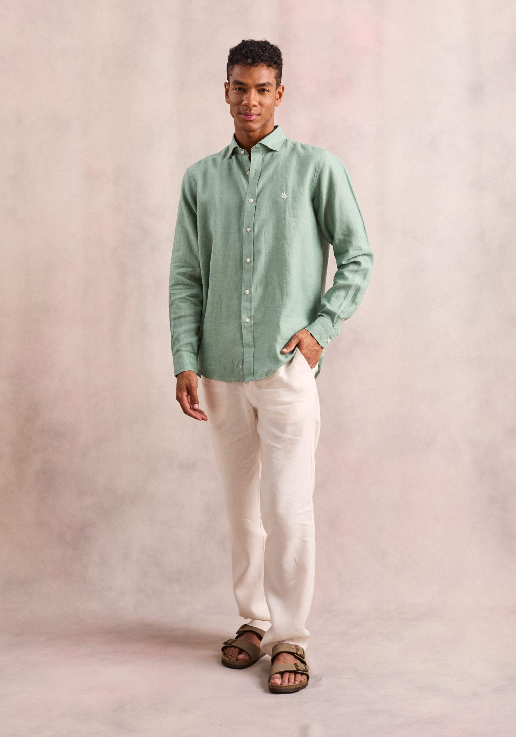 Linen Shirt French Collar Medium Green L-Blan