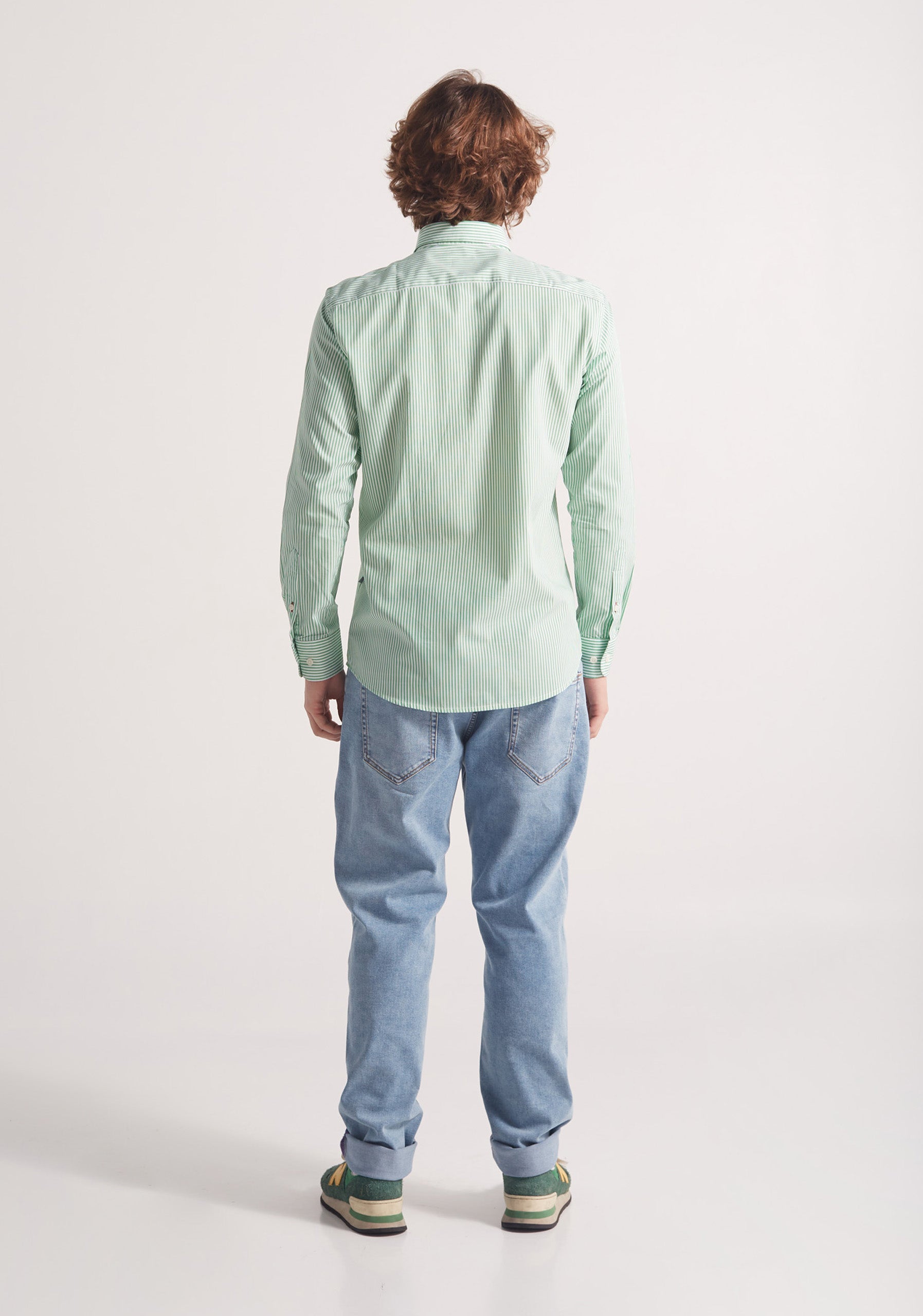 Camisa Whitman Líneas Verde Medio - Blanco Cuello Button Down